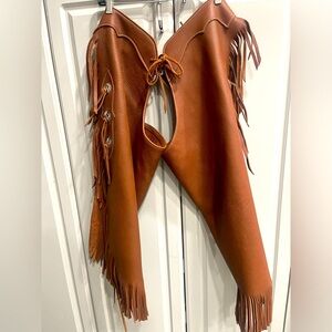 Leather Chaps, Fringed Brown Leather Chaps, Sz L 34-38, Southwestern, Cowboy